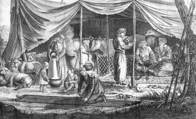 Une famille de nomades kurdes, de Voyage en Perse par Gaspard Drouville, publié en 1825 - French School