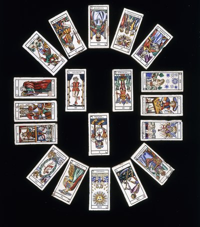 Panneau de carreaux en grès français, décoré avec un jeu de cartes de Tarot de Marseille, 20e siècle - French School