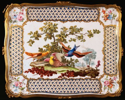 Un plateau de Sèvres Louis XV décoré de trois oiseaux exotiques dans un paysage, formant le dessus d