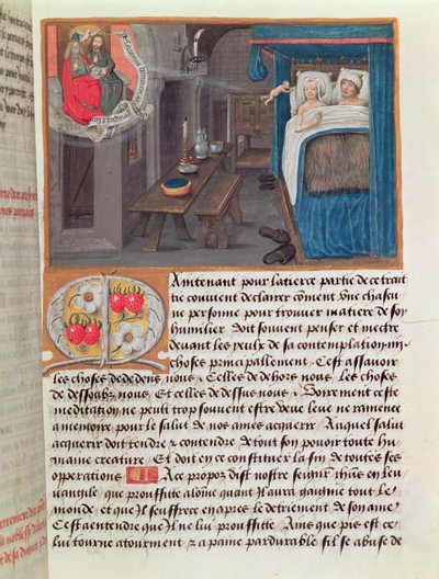 Un couple marié au lit recevant un enfant de la Sainte Trinité - French School