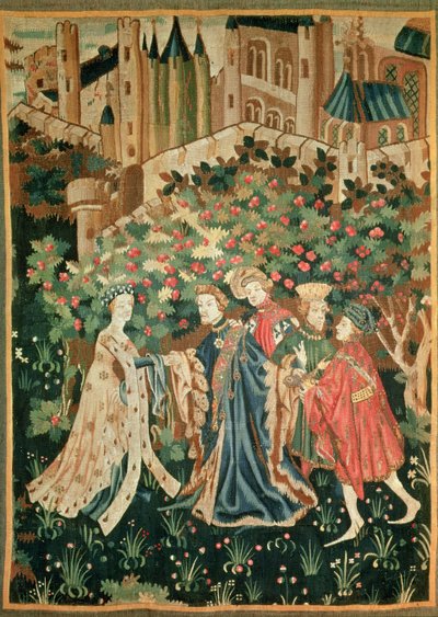 Un noble saluant une dame avec ses serviteurs, Arras - French School
