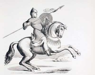 Un chevalier normand vêtu de mailles et de casque portant lance et bouclier, 1873 - French School