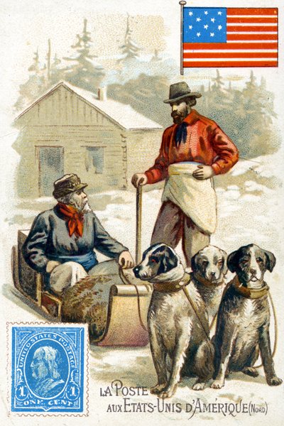 Un facteur aux États-Unis livrant du courrier en hiver, fin du XIXe siècle - French School
