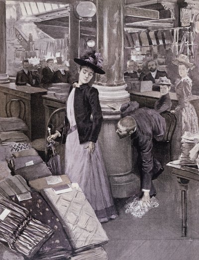 Un voleur dans un grand magasin à Paris, illustration de Paradis des Dames, vers 1895 - French School
