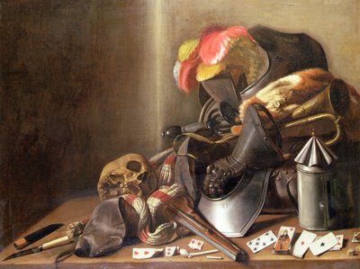 Nature morte vanité avec un crâne, des cartes à jouer et une armure, vers 1650 - French School