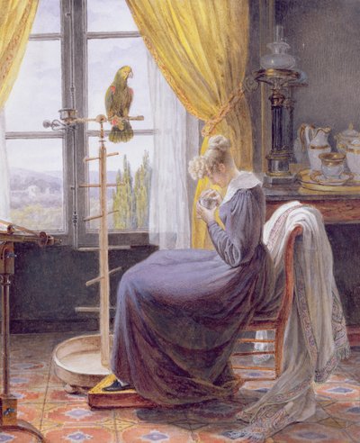 Une femme nourrissant un perroquet dans un intérieur, c.1820 - French School