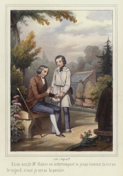 Un garçon aidant un aveugle (lithographie couleur) - French School