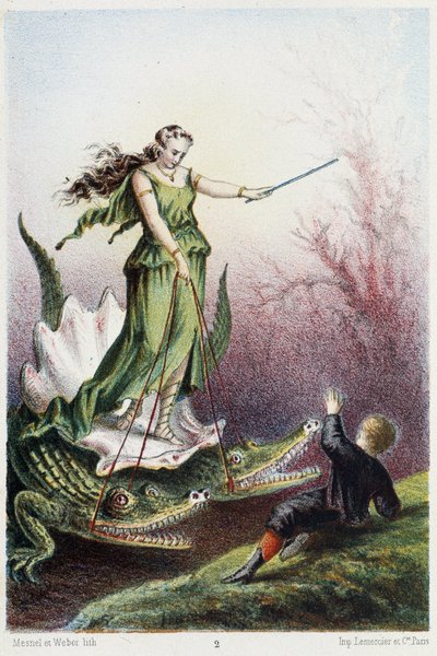 Un garçon devant une femme montée sur un char tiré par deux crocodiles - dans "Voyage au fond de la mer" par H. de la Blanchère. Paris, éd. Jouvet et Cie, sd. 1880. - French School