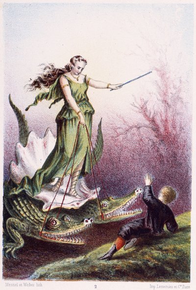 Un garçon devant une femme montée sur un char tiré par 2 crocodiles - dans « Voyage au fond de la mer » par H. de la Blanchère. Paris, éd. Jouvet et Cie, sd. 1880 - French School