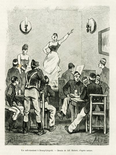 Un café chantant à Bourg Léopold. Gravure par A.Hubert pour illustrer l