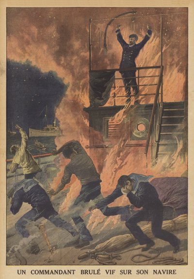 Un capitaine brûlé vif sur son navire (lithographie en couleur) - French School