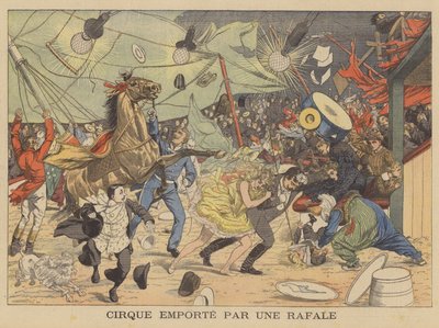 Un chapiteau de cirque emporté par une rafale de vent (lithographie couleur) - French School