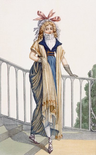 Robe de marche de style campagnard, illustration du Journal des Dames et des Modes, 1797 - French School