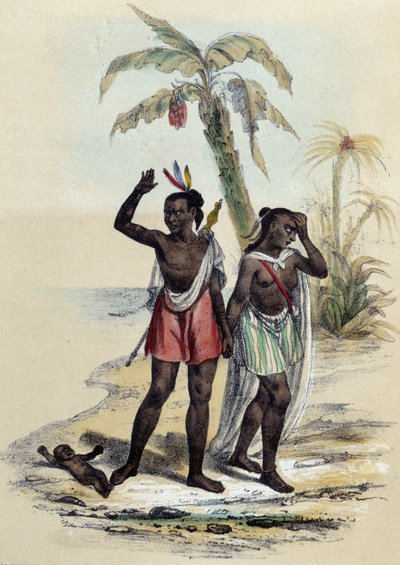 Un couple et un bébé sur une plage ; illustration pour les Marquises, - dans « Les douze Nations » par M.E Fouinet - French School
