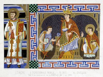 Un diacre, une figure noble, un roi et un évêque illustrant les gens du Xe siècle; Illustration du XIXe siècle tirée de 