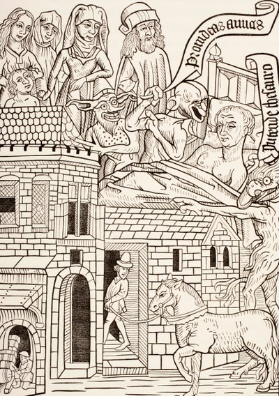 Un pécheur mourant entouré de sa famille et deux diables chuchotant à son oreille, page du texte du XVe siècle Ars Moriendi ou L
