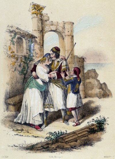 Une famille entourée de ruines; illustration pour la Grèce, dans « Les douze Nations » de M.E Fouinet - French School