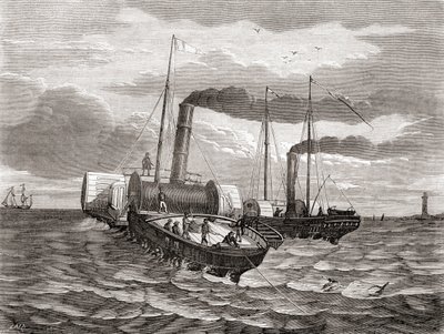Une première tentative en 1850 par la Anglo-French Telegraph Company de John Watkins Brett pour poser la première ligne sous la Manche, de Douvres à Calais, en utilisant les remorqueurs convertis Goliath et Widgeon, de 