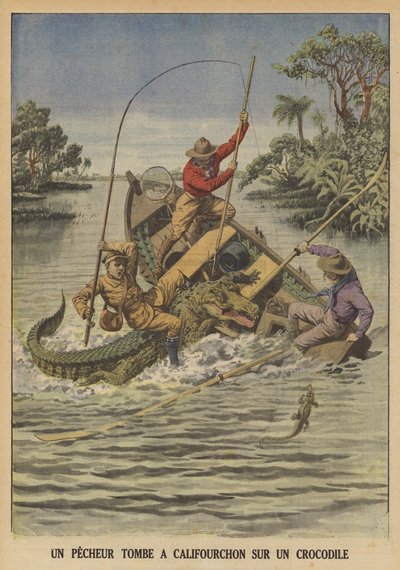 Un pêcheur tombant à califourchon sur un crocodile après que celui-ci a renversé son bateau - French School