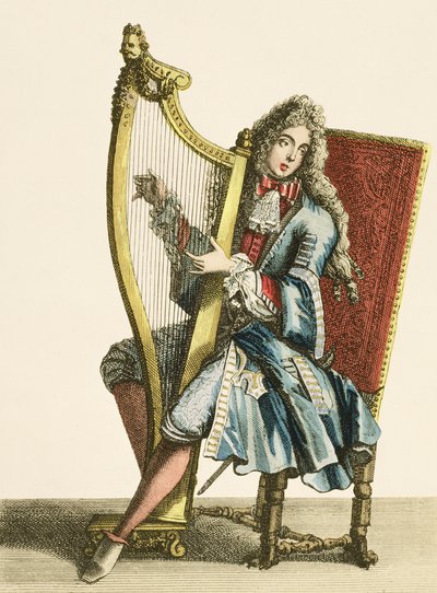 Un gentleman jouant de la harpe - French School
