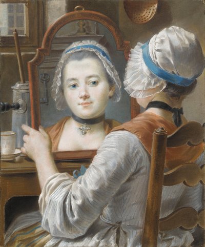 Une fille portant un bonnet, se regardant dans un miroir avec une chocolatière et une tasse sur la table, vers 1750 - French School