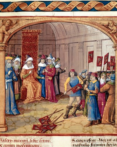 Un roi reçoit des bannières et des haches miniatures de « Dicta et facta memorabilia » par Valère Maxime (Valerius Maximus) (1er siècle av. J.-C.) 1410 Chantilly, Musée Condé - French School