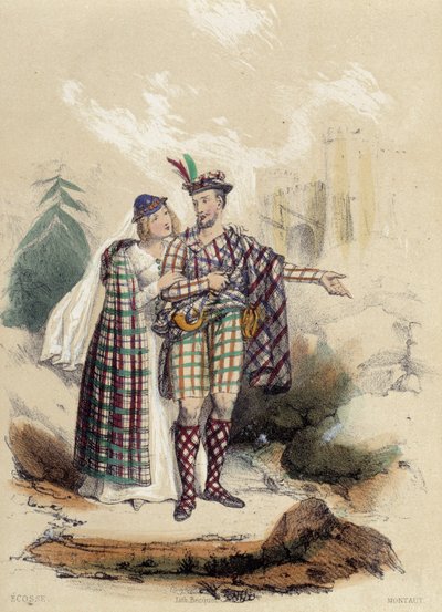 Un homme en kilt et son compagnon devant un château; illustration pour l