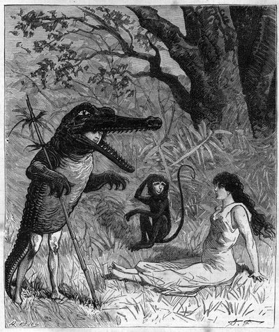 Un homme en peau de crocodile parle avec une jeune femme évanouie sous le regard d