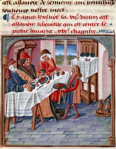 Un homme partage sa table avec un pauvre dans le besoin Miniature tirée de « Le livre de bonnes mœurs de Jacques Legrand » 1490 Chantilly, Musée Condé - French School
