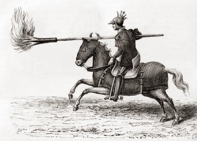 Un chevalier médiéval portant une lance à feu, ou lance à feu, l