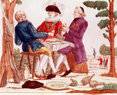 Un paysan (tiers état), un clergé et un aristocrate mangent un lapin ensemble à une table, en arrière-plan à droite une scène de chasse, à gauche, trois fusils, août 1789 (gravure, fin XVIIIe siècle) - French School