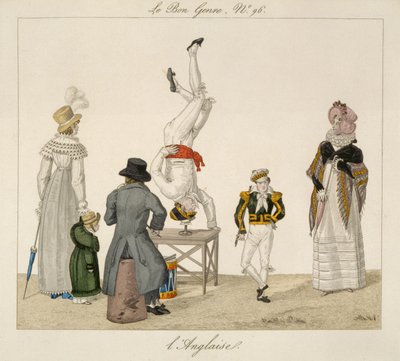 Un artiste debout sur la tête en équilibre sur un verre, planche 96 de Le Bon Genre, c.1810 - French School