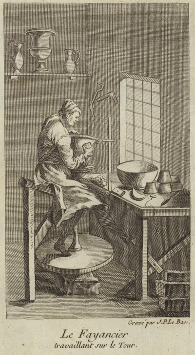 Un potier travaillant à la roue - French School