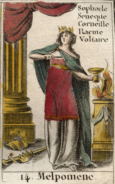 Représentation de Melpomène, muse de la Tragédie, elle porte une couronne, un sceptre et un poignard, ainsi qu
