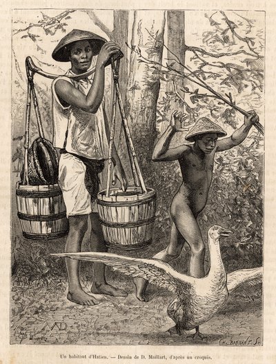 Un habitant de Hatien (Vietnam) portant des seaux et un panier, et un enfant chassant une oie avec un bâton (illustration du voyage en Cochinchine, par le docteur Morice, 1872, publié dans "Le tour du monde" 1875) - French School