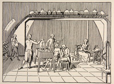 Expérience de respiration dans le laboratoire de Lavoisier, copie par Boris Mestchersky, illustration de Histoire de la Nation Française, Sciences, Volumes I & II, par Gabriel Hanotaux - French School
