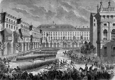 Revue des troupes par le roi italien Victor Emmanuel II à Turin le 7 juin - French School
