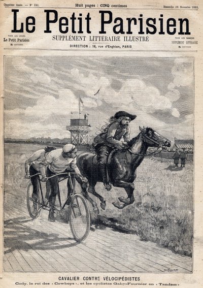 Un cavalier courait contre des vélocipédistes : William Frederic Cody (1846-1917), dit Buffalo Bill, connu comme le roi des cowboys et les cyclistes Gaby et Fournier en tandem. Dans le journal "Le Petit Parisien" le 26/11/1893 (gravure) - French School