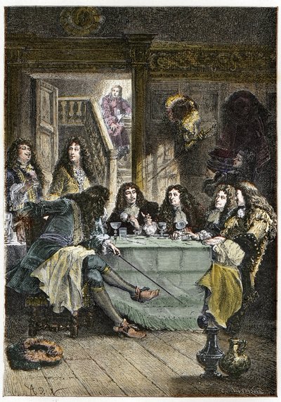 Un salon (Cabaret) réunissant les écrivains français Jean de La Fontaine (1621-1695), Nicolas Boileau-Despréaux (1636-1711), le dramaturge Jean Baptiste Poquelin dit Molière (1622-1673), et le poète Jean Racine (1639-1699) - French School
