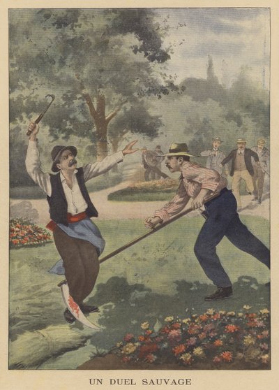 A savage duel (colour litho) - French School
