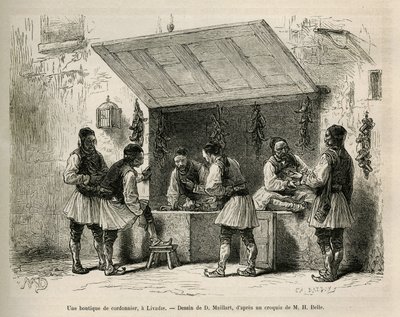 Une boutique de cordonnier et sa clientèle, à Livadie, dessin de D. Maillard, pour illustrer le récit de Henri Belle : Voyage en Grèce - French School