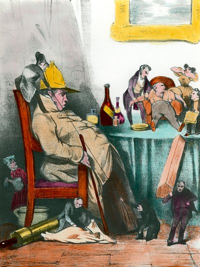 Un hypocondriaque assis pensant à sa prochaine mort. Illustration pour la pièce « Le malade imaginaire » par Jean Baptiste Poquelin dit Molière (1622-1673) 19e siècle Collection privée - French School