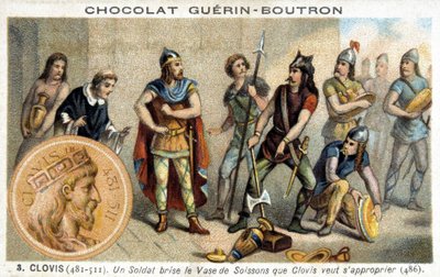 Un soldat brise le vase de Soissons que Clovis veut posséder, 486 - French School