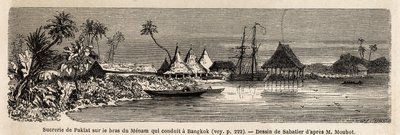 Une usine de sucre de Paklat, sur le bras du Menam, le principal fleuve de Thaïlande, dessin de Sabatier, pour illustrer le voyage d