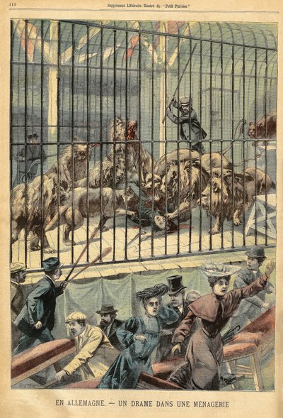 Une dompteuse dévorée par ses lions dans une ménagerie à Dessau, Allemagne. Gravure dans « Le Petit Parisien », le 27/12/1903. - French School