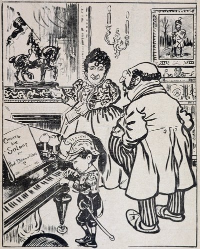 Une bronze usée, caricature avec des cuirassés, partition pour Deroulede au piano et statuette de Jeanne d