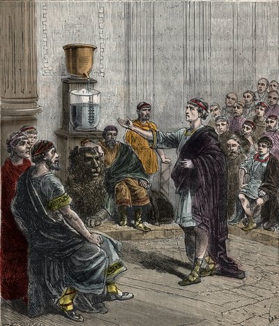 Une horloge à eau ou clepsydre à Athènes - Grèce antique - la clepsydre à Athènes - Gravure dans « Sciences à la portée de tous - Physique et chimie populaires » par Alexis Clerc - Fin XIXe siècle - Collection privée - French School