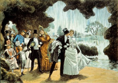 Un mariage à une cascade. Couple marié au Parc des Buttes Chaumont (?). Estampe de la fin du 19ème siècle. Collection privée - French School