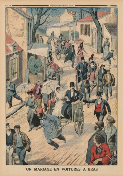 Un mariage sur des charrettes à bras, illustration de couverture arrière du Petit Journal, supplément illustré, 5 avril 1914 - French School