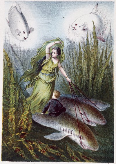 Une femme et un garçon fuyant des poissons géants sur des requins - dans "Voyage au fond de la mer" par H. de la Blanchère. Paris, éd. Jouvet et Cie, sd. 1880. - French School